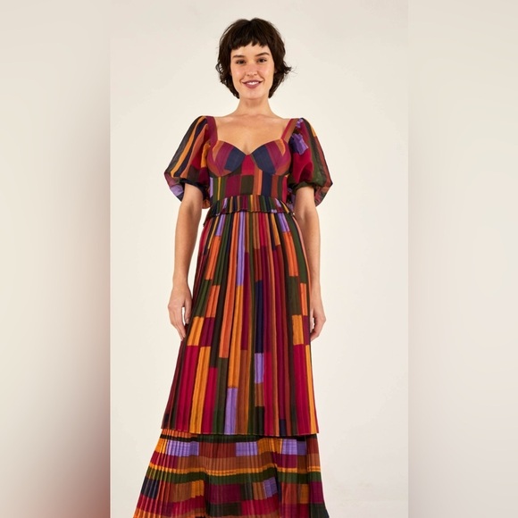 FARM Rio Dresses & Skirts - Farm Rio Painted Stripes Blouson-Sleeve Pleated Dress - Size Large